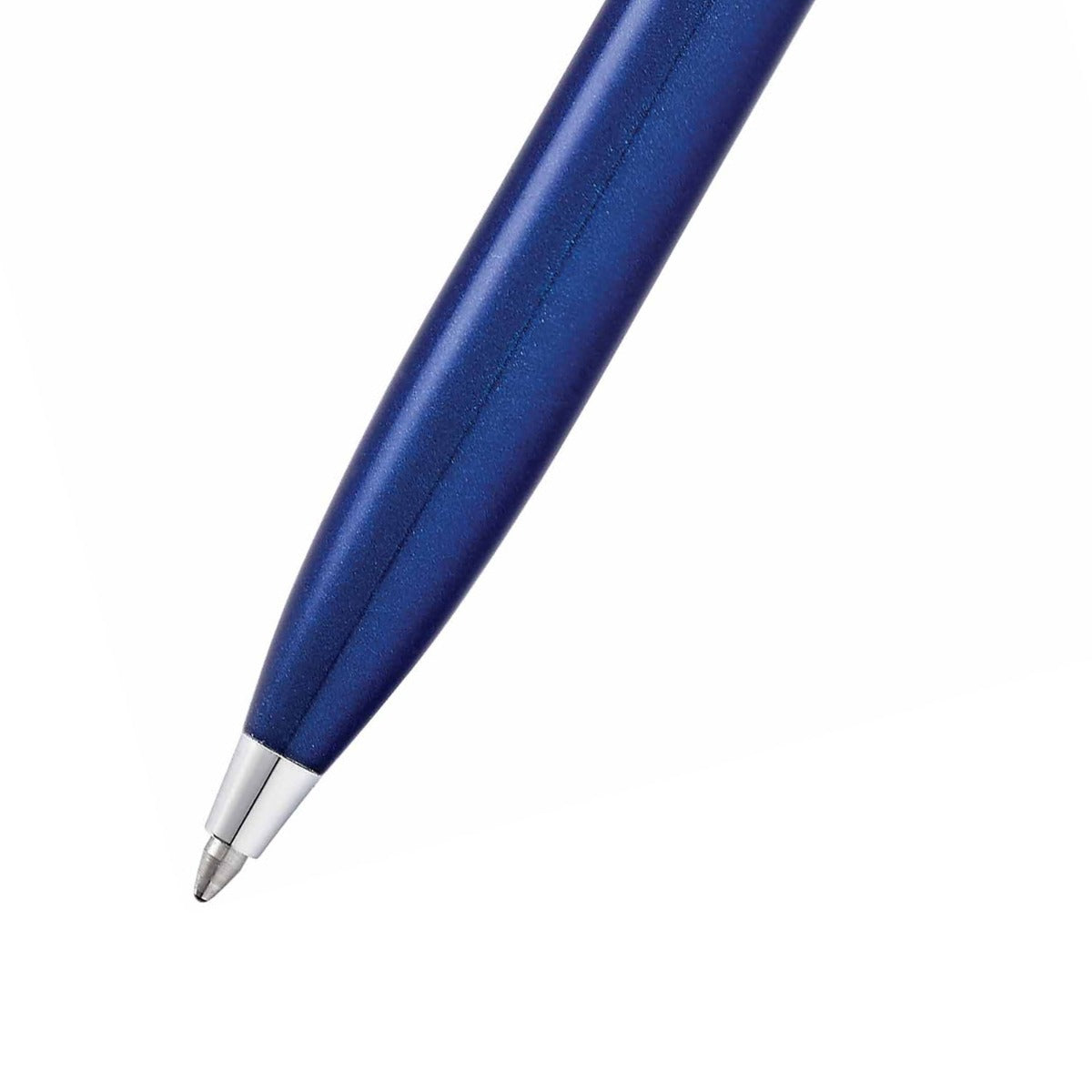 Sheaffer 100 blue lacquer ballpoint, close detail of chrome cap band and clip