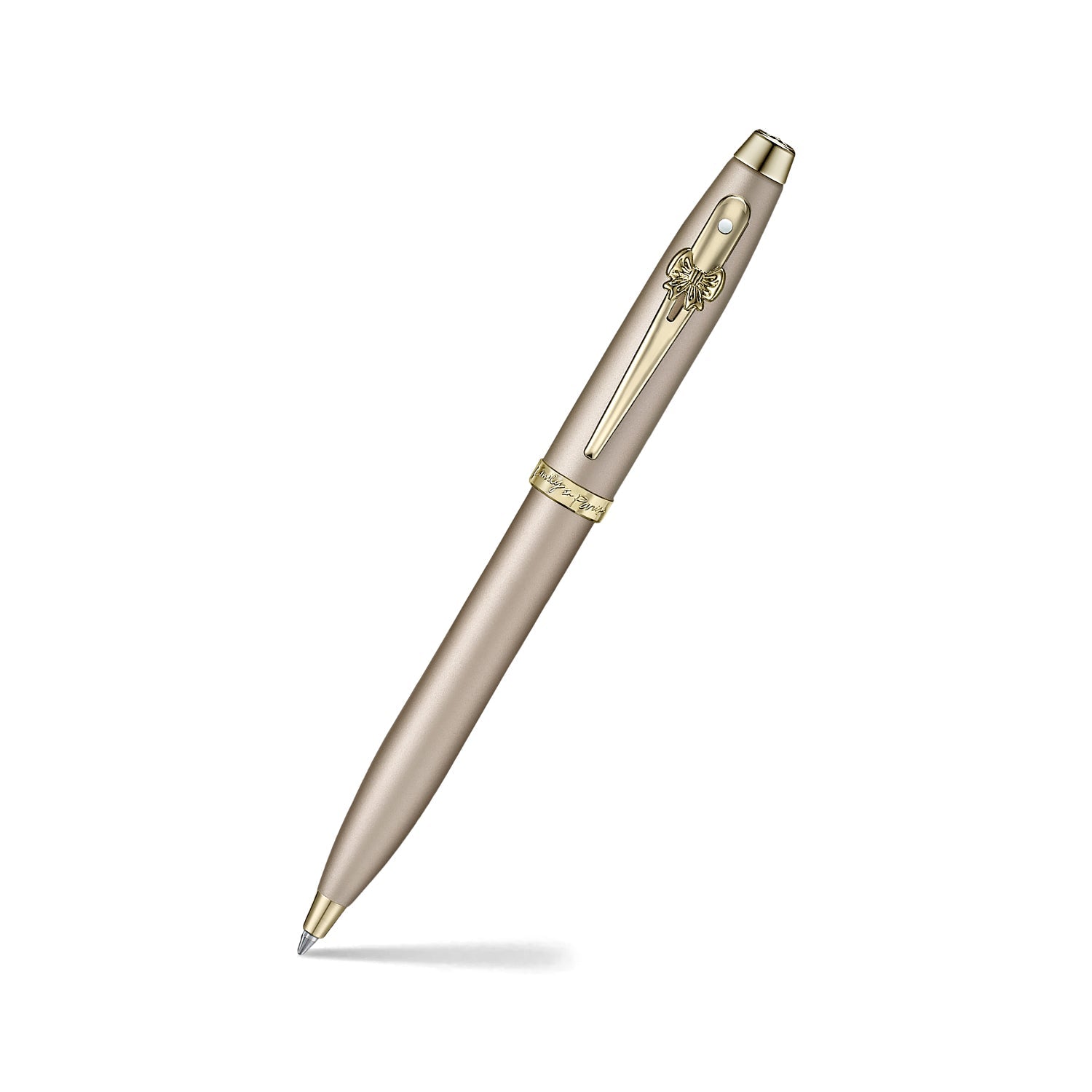 Sheaffer 100 Emily in Paris ballpoint pen in champagne gold with bow-shaped clip emblem