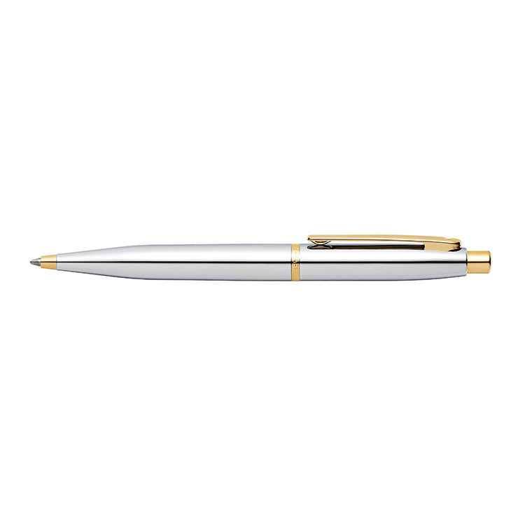 Sheaffer VFM chrome and gold ballpoint pen shown full length