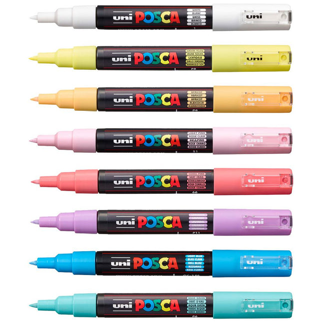 POSCA PC-1M Extra Fine Markers - 8 Pastel Colour Pack lineup