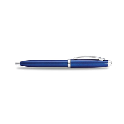 Sheaffer 100 blue and chrome ballpoint pen shown full length