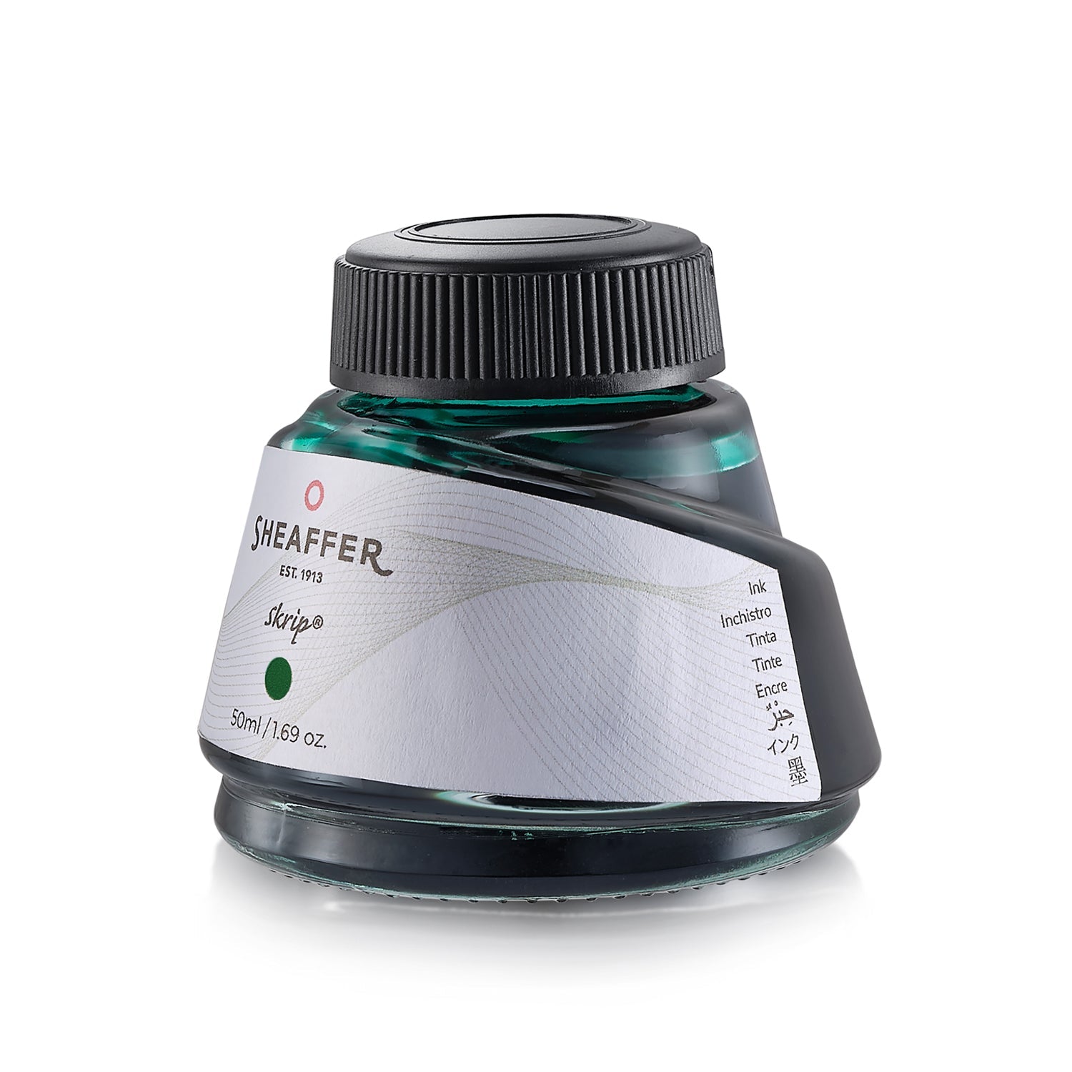 Sheaffer Skrip green ink 50ml bottle, wide-mouth opening and label detail
