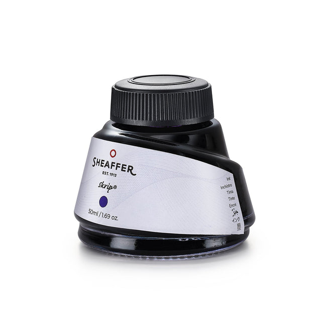 Sheaffer Skrip purple ink 50ml bottle, wide-mouth opening and label detail