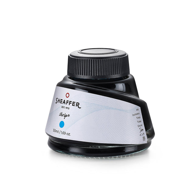 Sheaffer Skrip turquoise ink 50ml bottle, wide-mouth opening and label detail