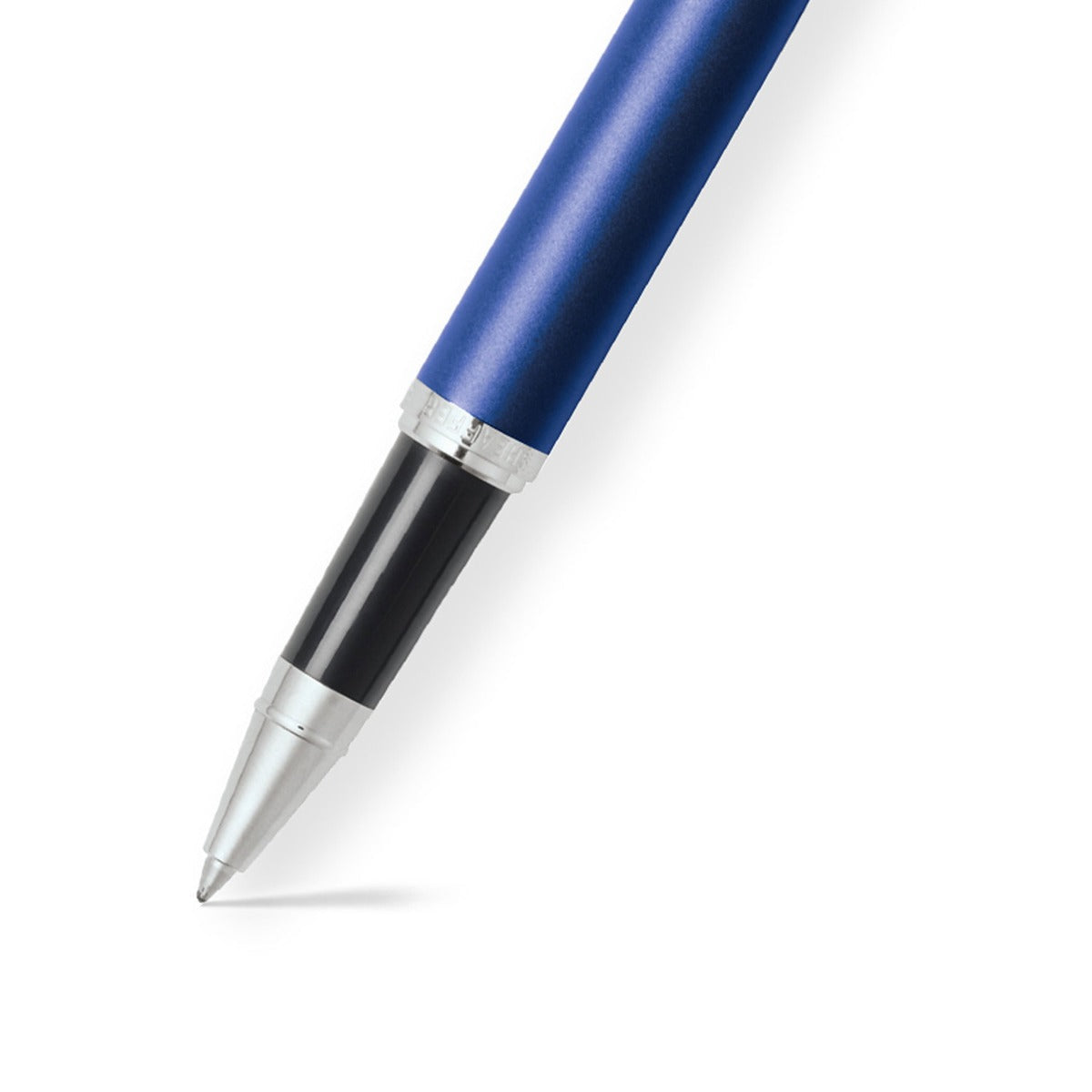 Sheaffer VFM Neon Blue rollerball, cap removed showing grip section and tip
