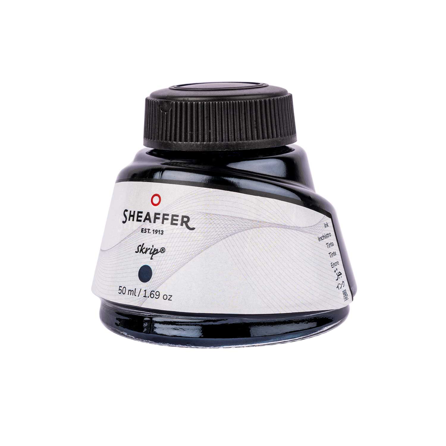Sheaffer Skrip blue-black ink 50ml bottle, wide-mouth opening and label detail