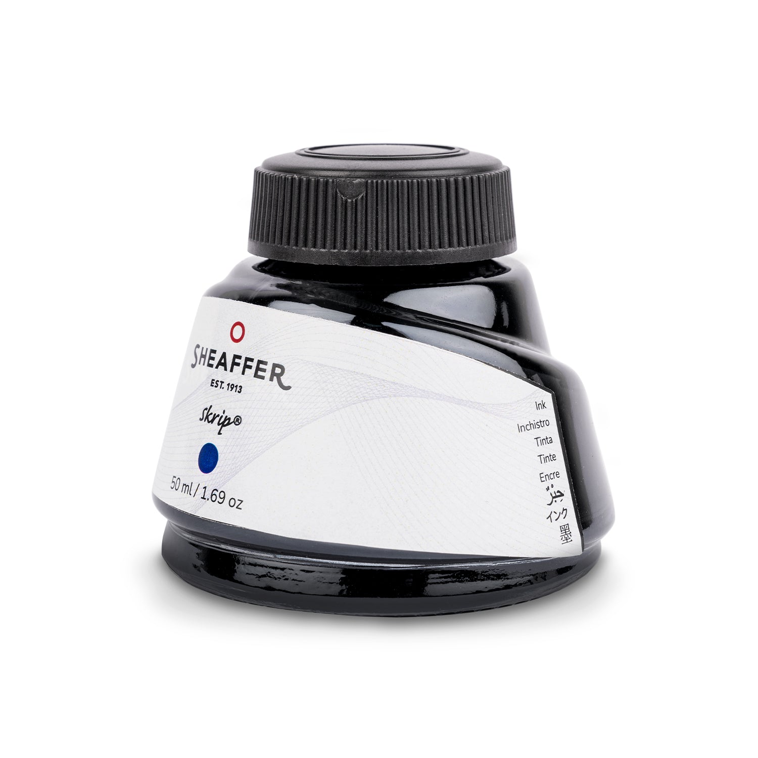 Sheaffer Skrip blue ink 50ml bottle, wide-mouth opening and label detail