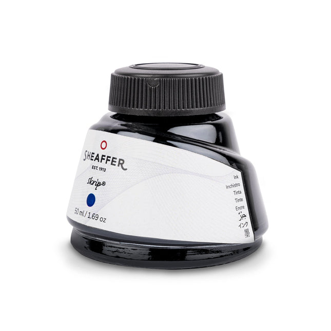 Sheaffer Skrip blue ink 50ml bottle, wide-mouth opening and label detail