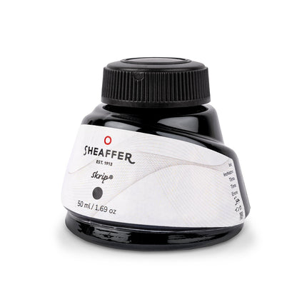 Sheaffer Skrip black ink 50ml bottle, wide-mouth opening and label detail