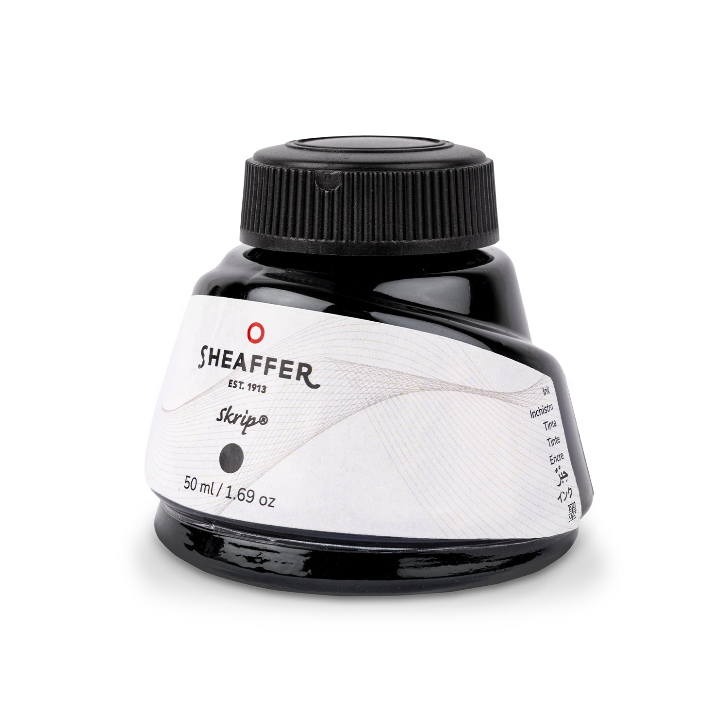 Sheaffer Skrip black ink 50ml bottle, wide-mouth opening and label detail