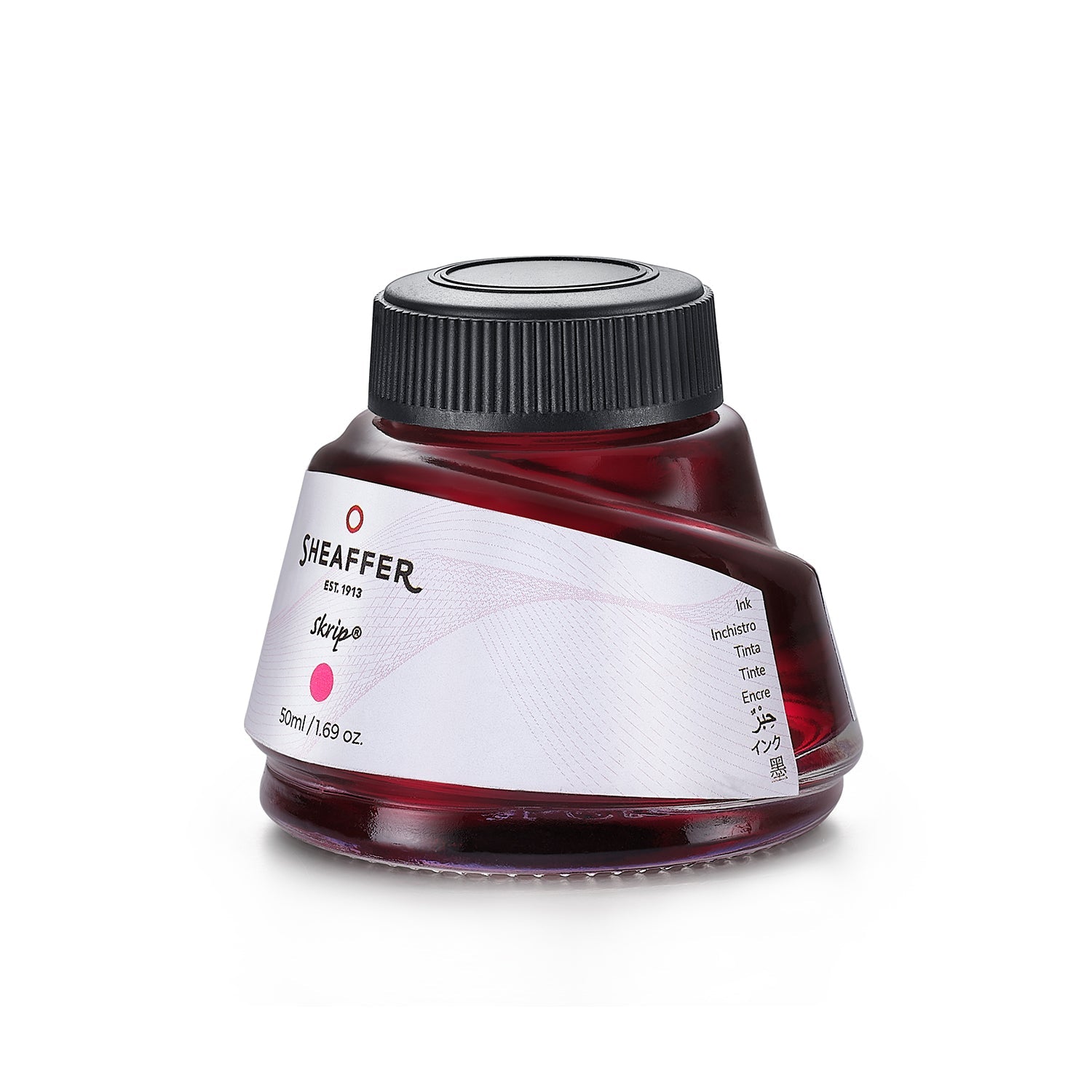Sheaffer Skrip pink ink 50ml bottle, wide-mouth opening and label detail