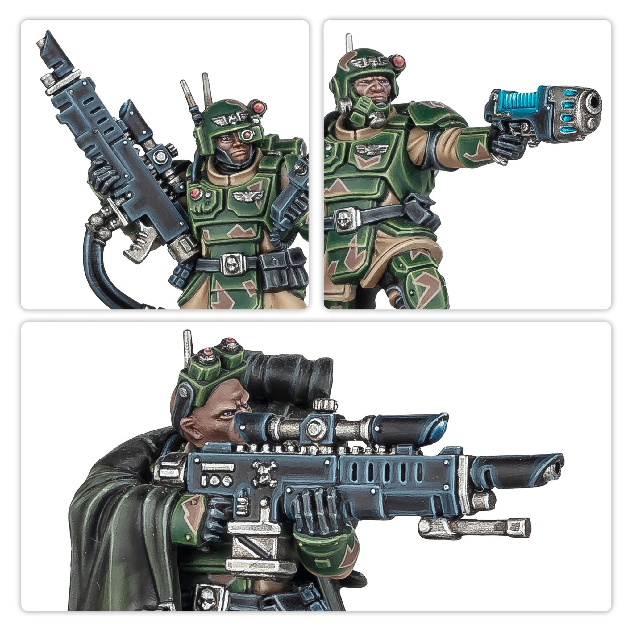 Kasrkin trooper miniature close-up, unpainted plastic model with hot-shot lasgun