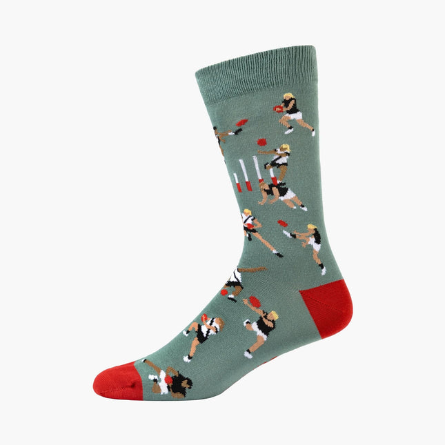 Bamboozld mens AFL footy bamboo socks, sage green with red heel