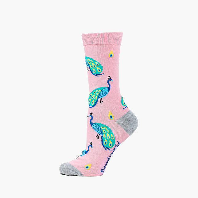 Bamboozld womens Peacock bamboo socks, pink with teal peacocks