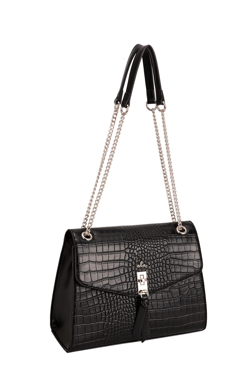 a black handbag with a chain strap