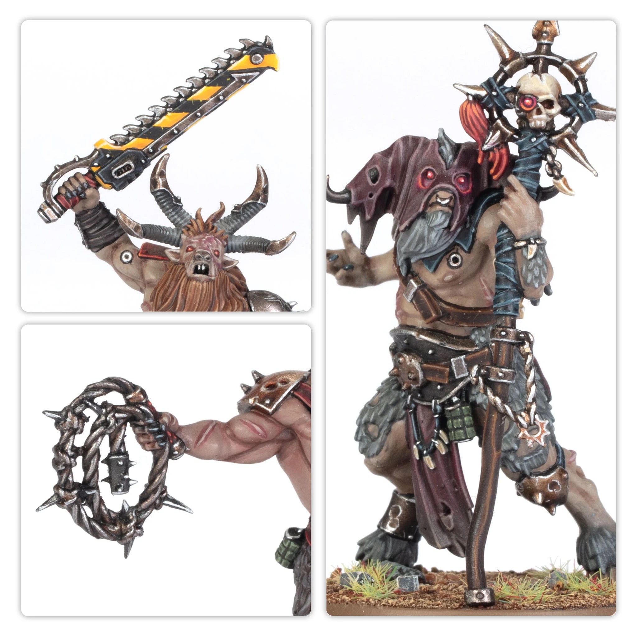 Fellgor Beastmen miniature close-up, unpainted plastic model with chainsword
