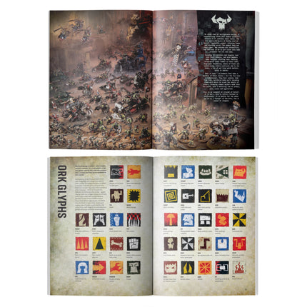 Codex: Orks 11th Edition interior pages with artwork and Ork glyphs