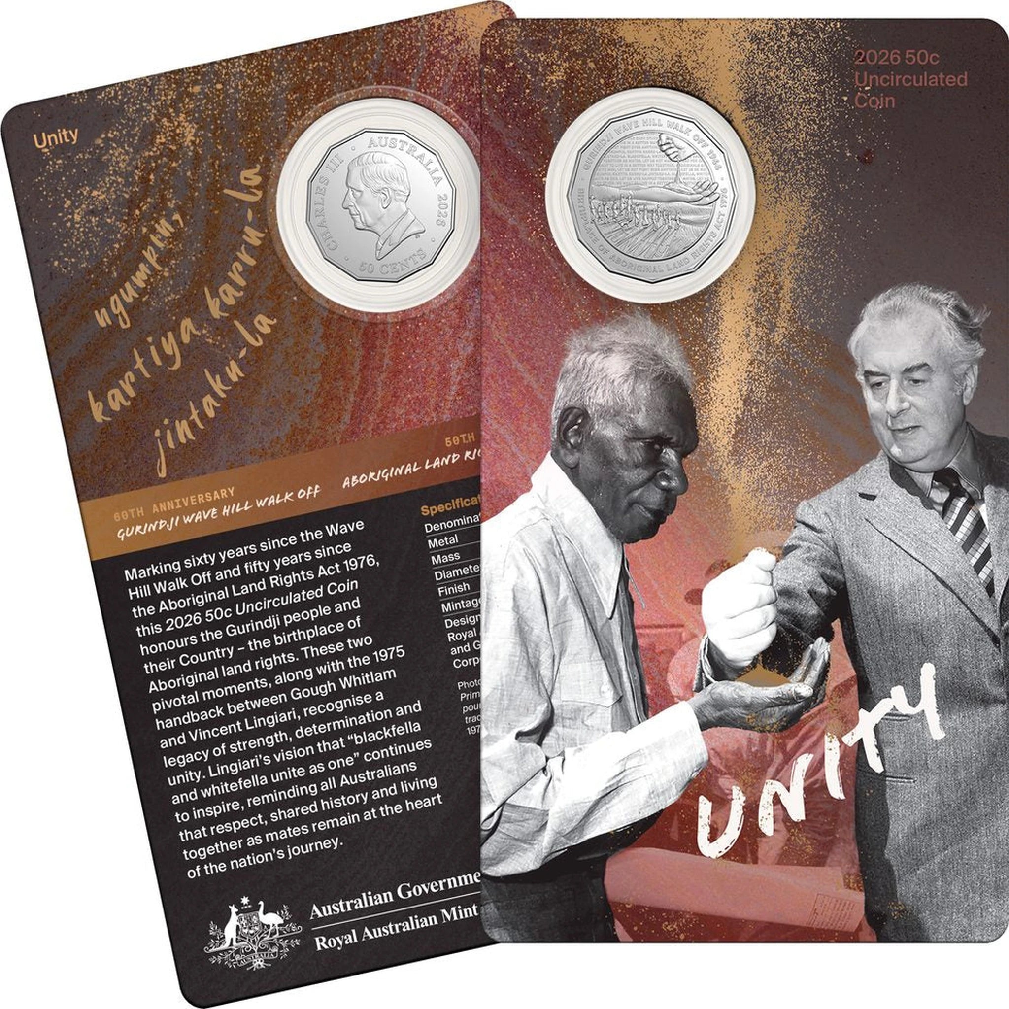 2026 Unity 50c Uncirculated coin marking the Wave Hill Walk-Off anniversary