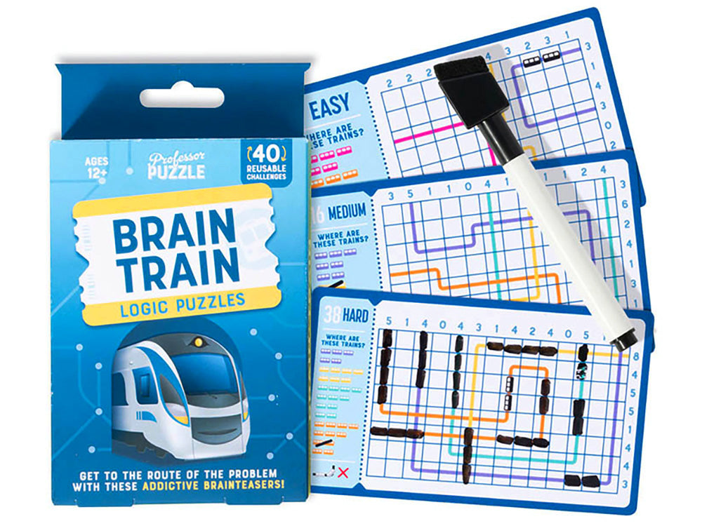 a pack of brain train puzzles with a pen