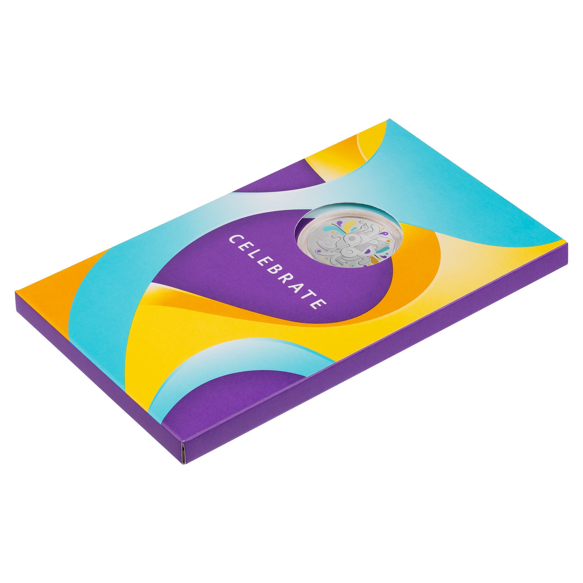 a purple and yellow box with a clock on it