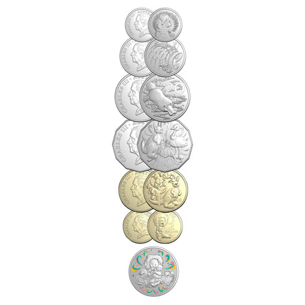 a row of five different colored coins on a white background