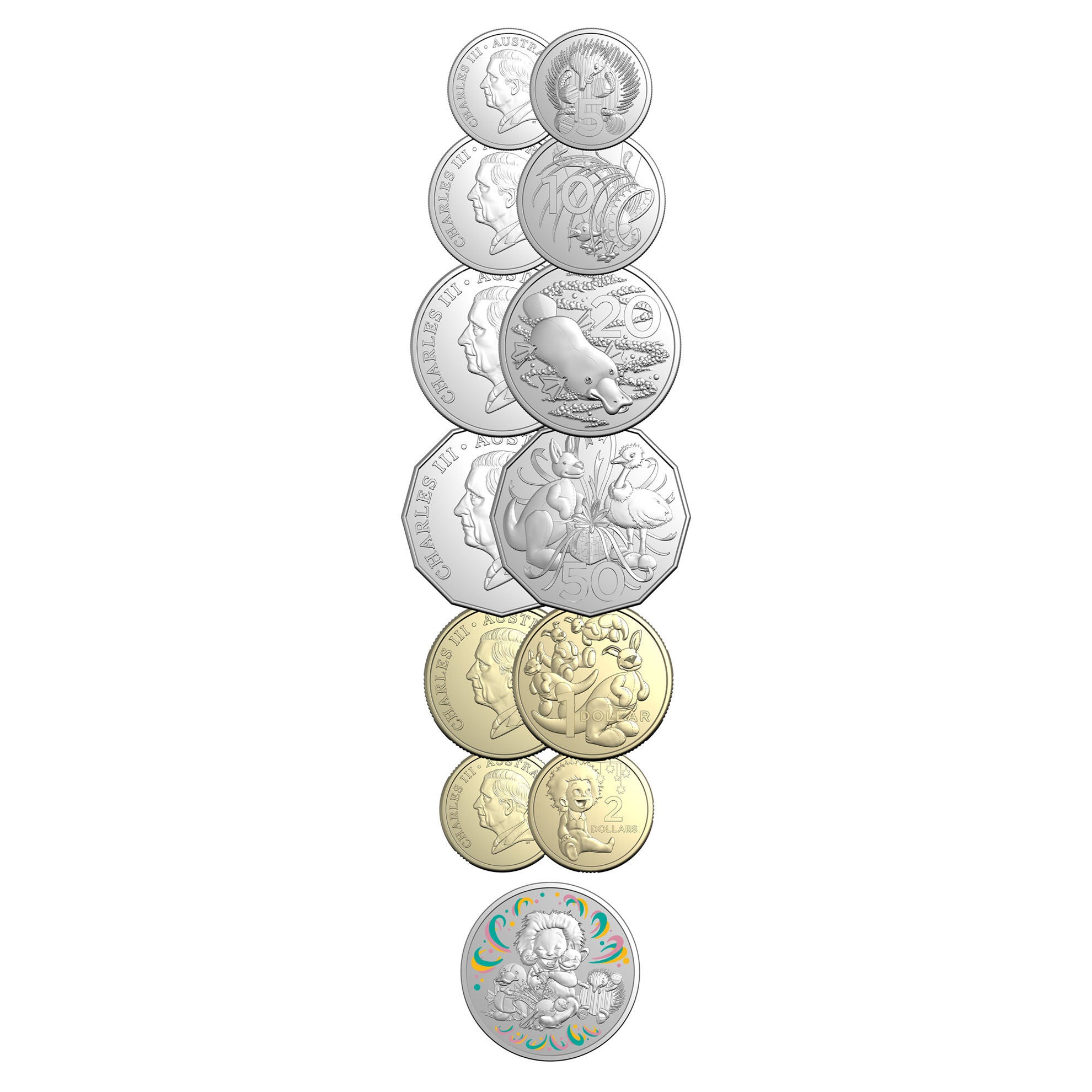 a row of five different colored coins on a white background