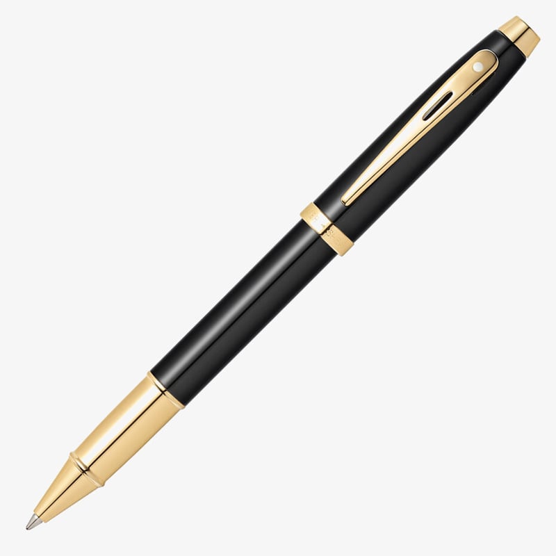 Sheaffer 100 gloss black and gold rollerball pen, cap and clip detail