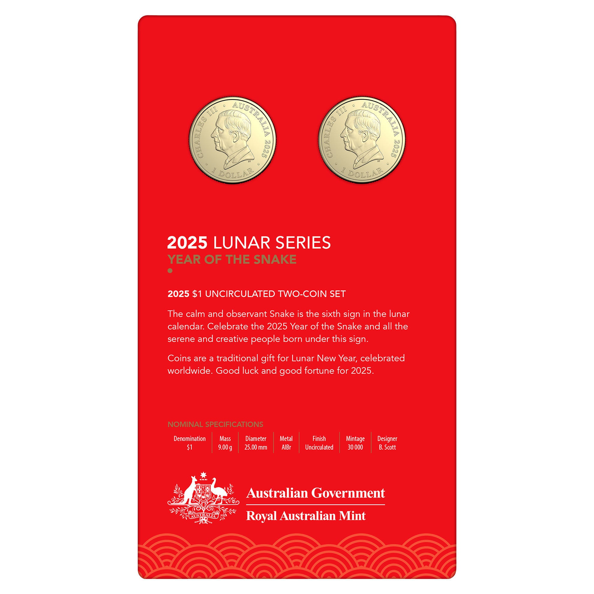a pair of commemorative coins on a red background