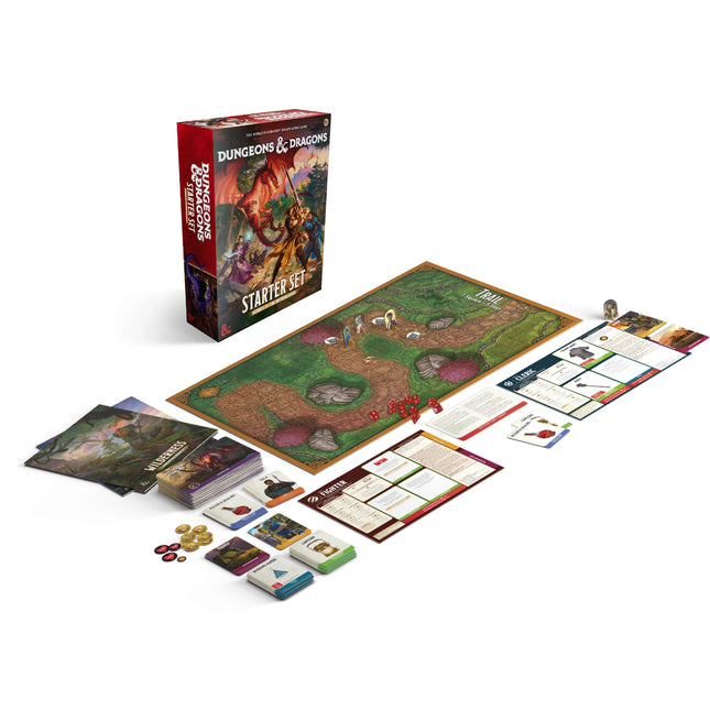 Heroes of the Borderlands starter set contents laid out: maps, cards, tokens, dice and player boards