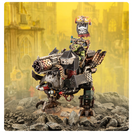 Big Mek Dakkarig miniature on the battlefield, painted