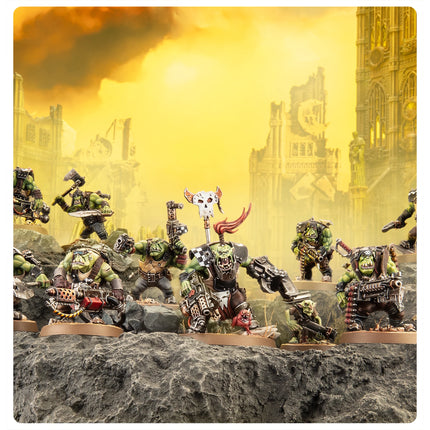 Ork Boyz mob on the battlefield, painted