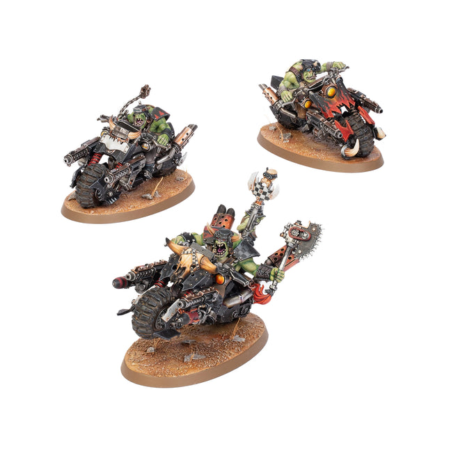 Ork Warbikers miniatures, three painted bikes, studio view