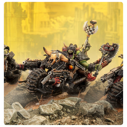 Ork Warbikers miniatures on the battlefield, painted