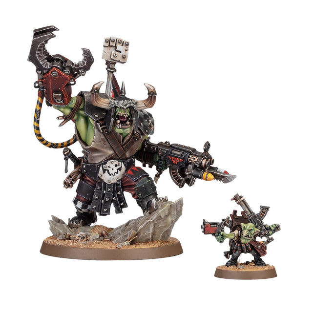 Ork Warboss and Ammo Runt miniatures, painted, studio view