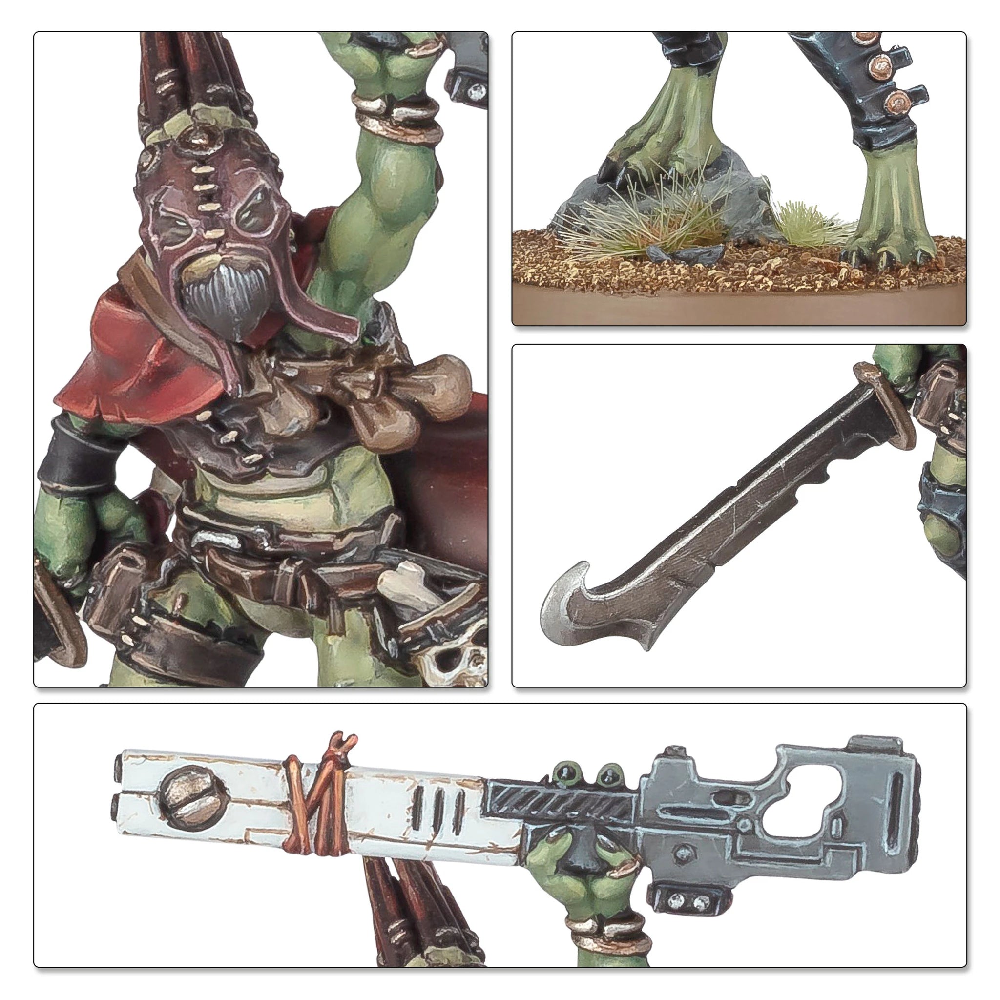 Kroot Farstalker miniature close-up, unpainted plastic model with firearm