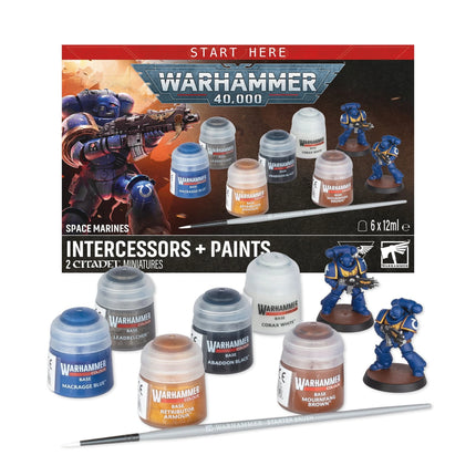 Warhammer 40000 Space Marines Intercessors and Paints Set box art, official Games Workshop packaging