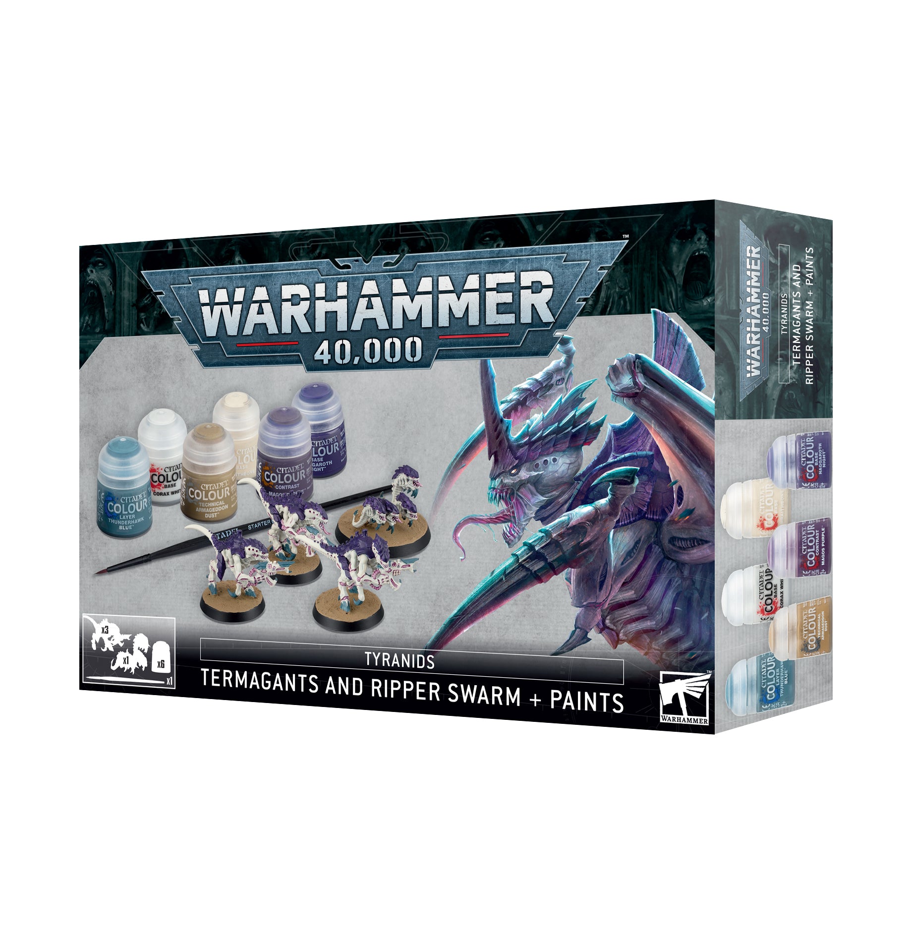 a box of warhammer paint and supplies