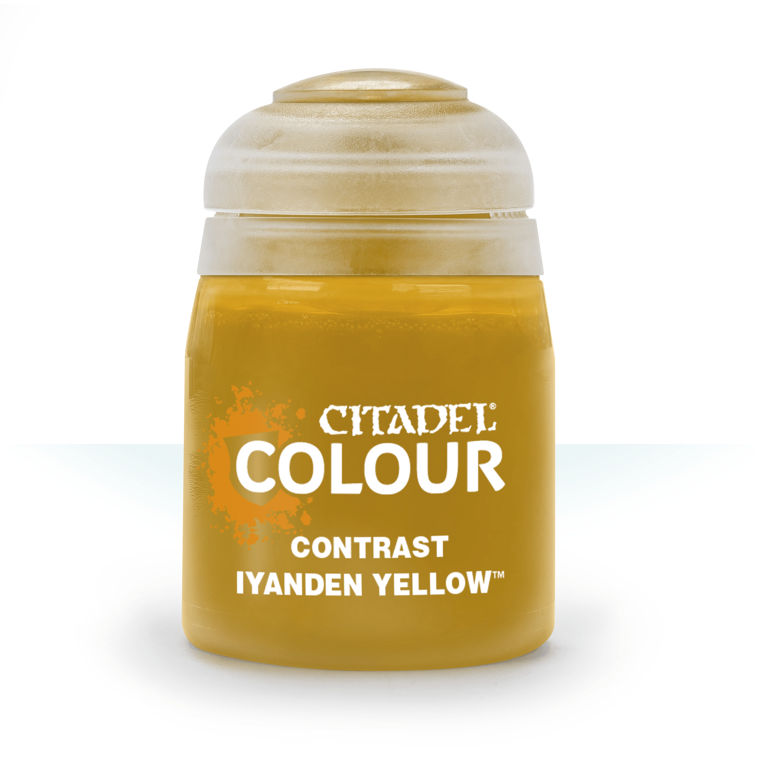 a bottle of yellow paint with a white background