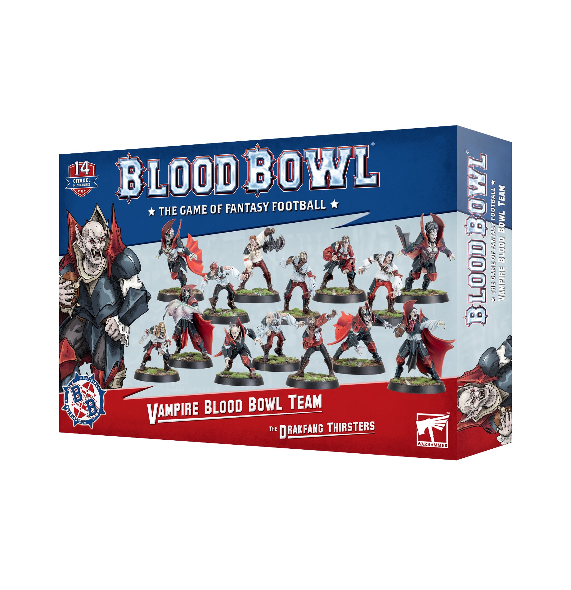 a box of blood bowl figurines on a white background