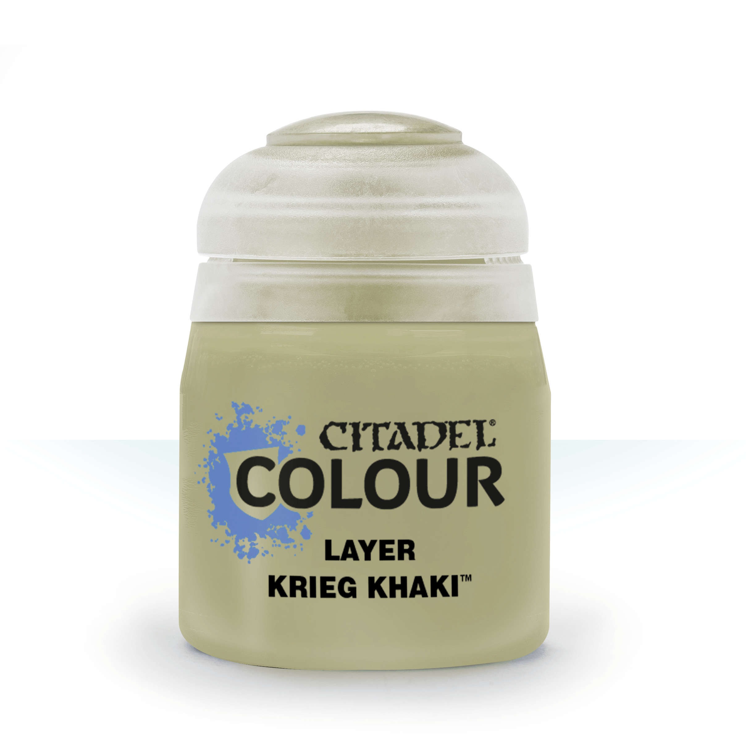 a bottle of krieg khaki color on a white background