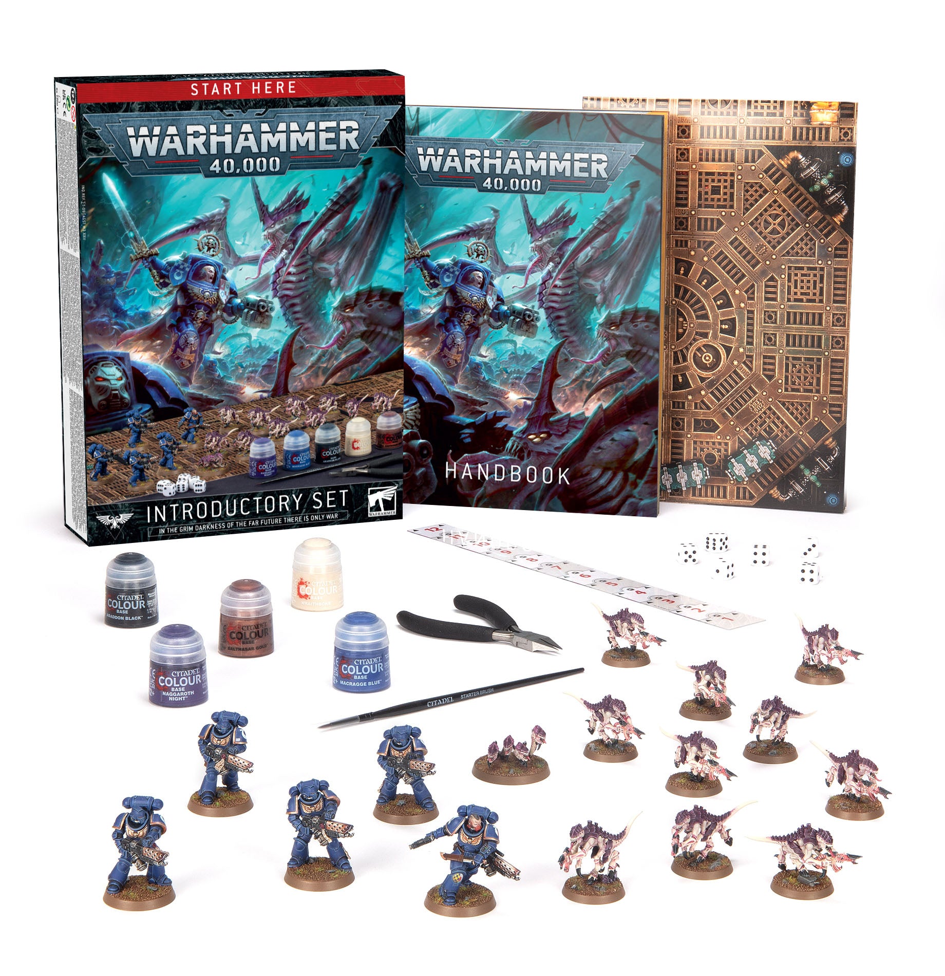 a box of warhammer miniatures and a game set