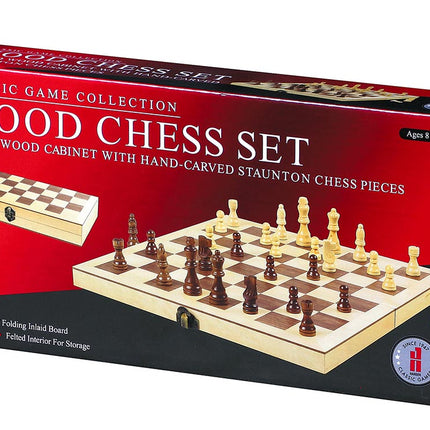 a wooden chess set in a box