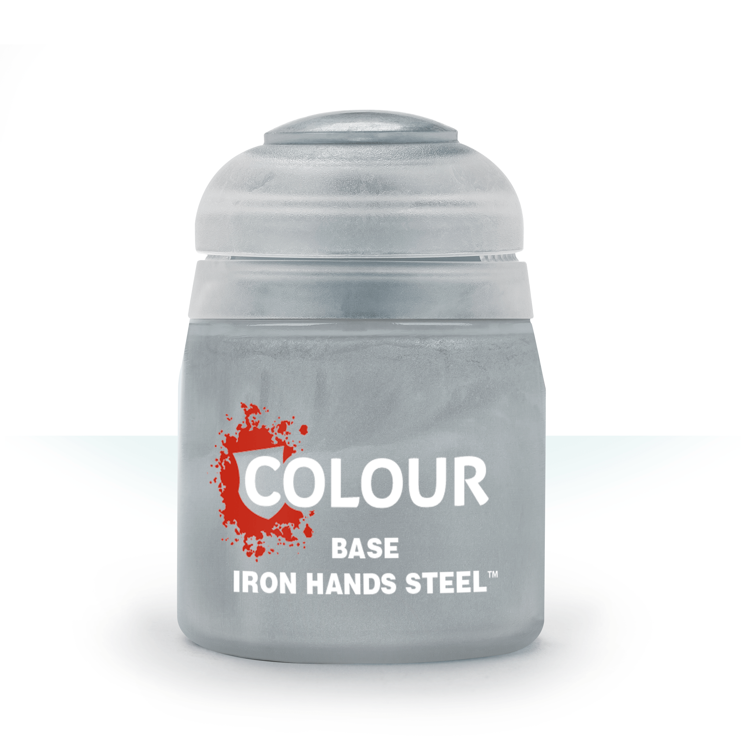 a bottle of grey paint with the words, colours base iron hands steel