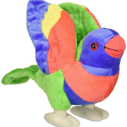 a colorful stuffed bird sitting on top of a white surface