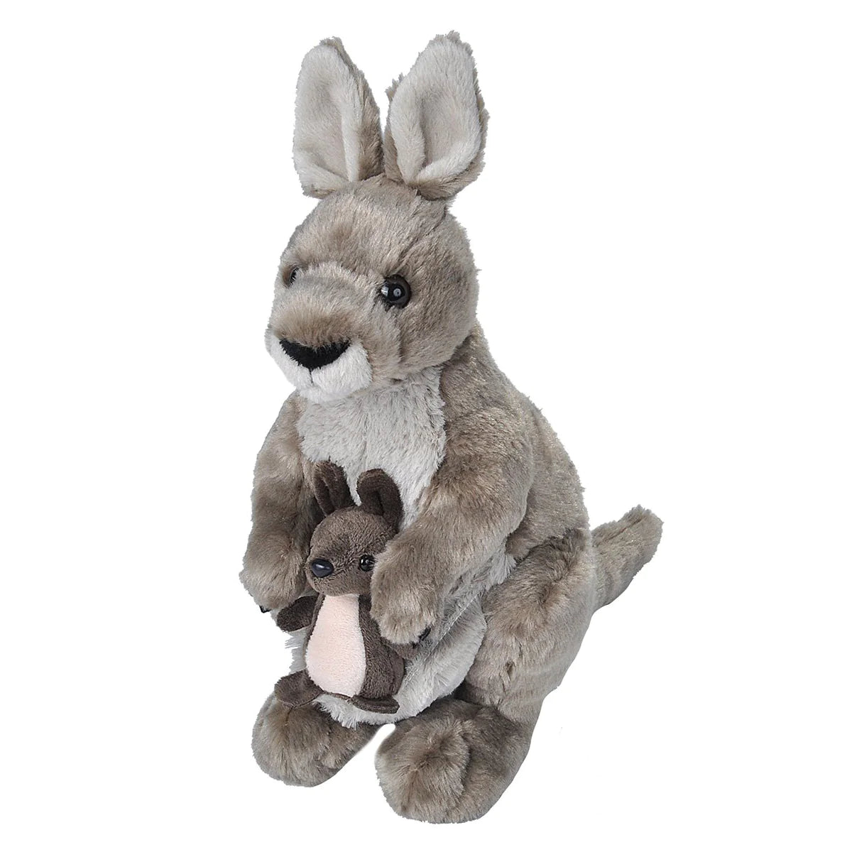 a stuffed kangaroo is holding a baby kangaroo